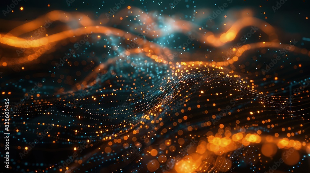 Poster a 3d rendered image of a complex network of glowing particles and data streams, symbolizing big data