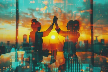 Silhouettes of two people high-fiving in front of a sunset, with cityscape and digital overlay, symbolizing teamwork and technology.