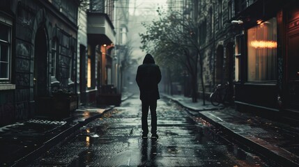 A person standing alone in a deserted alley, shoulders hunched, feeling the weight of sadness and isolation.