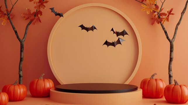Cute peach podium in Halloween theme. For promoting, presenting or displaying product.