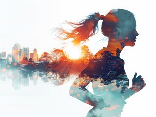 A silhouette of a jogger running against a cityscape background at sunrise. Double exposure effect showcasing fitness and urban lifestyle.