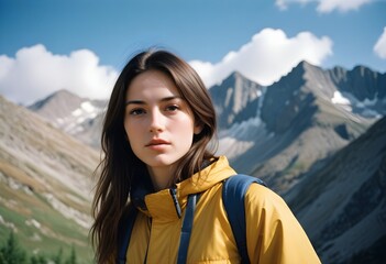 Portrait of a young beautiful charming woman on a mountain. hiker, hiking.