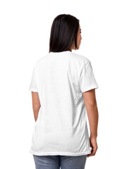 Woman wearing stylish t-shirt on white background