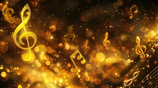 Gold music notes on dark background with bokeh lights.