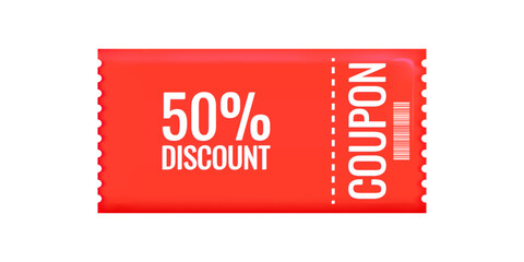 Discount coupon voucher in 3d style sale. Gift coupon. 50 percent discount with barcode. Online store design promotion marketing. Isolated element. Vector illustration.