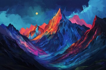 Vibrant digital art piece featuring a nocturnal mountain landscape with a starry sky