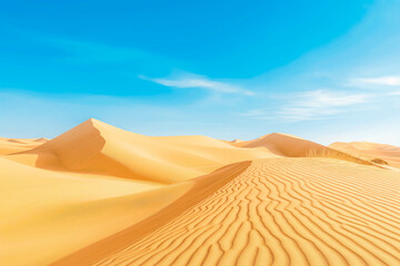 A serene desert landscape with sand dunes stretching to the horizon and a clear blue sky overhead.