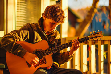 Fototapeta premium A teenager playing acoustic guitar on a sun-drenched porch, serenading the neighborhood with sweet melodies.