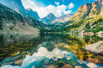 Fototapeta premium A serene mountain lake framed by towering peaks and reflected in the glassy surface of the water, offering a sense of tranquility and escape.