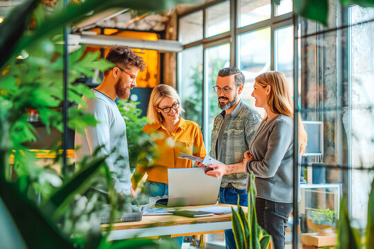 A team of creative professionals collaborating on a project in a bright, open-plan office space with glass partitions, their diverse backgrounds and perspectives contributing to innovative ideas. - Powered by Adobe