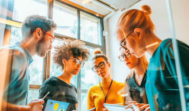 A team of creative professionals collaborating on a project in a bright, open-plan office space with glass partitions, their diverse backgrounds and perspectives contributing to innovative ideas.