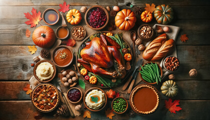 Thanksgiving Feast Flat Lay on Rustic Table