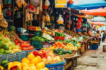 Fototapeta premium A vibrant street market bustling with activity, with stalls overflowing with fresh produce, textiles, and handmade goods.