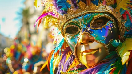 Carnival parade with colorful floats and performers in elaborate costumes, lively music and dancing, vibrant and festive atmosphere, highresolution event photography, Close up