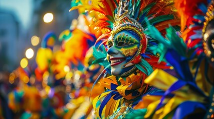 Carnival parade with colorful floats and performers in elaborate costumes, lively music and dancing, vibrant and festive atmosphere, highresolution event photography, Close up