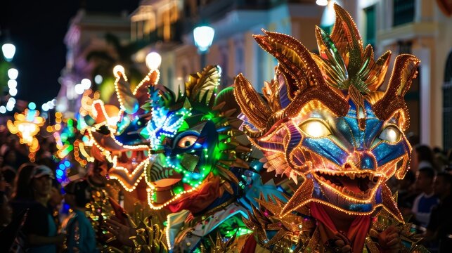 Carnival parade at night, illuminated floats and glowing costumes, energetic and joyful crowd, dazzling lights and colors, highdefinition celebration photography, Close up