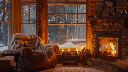Cozy fireplace in a cabin living room