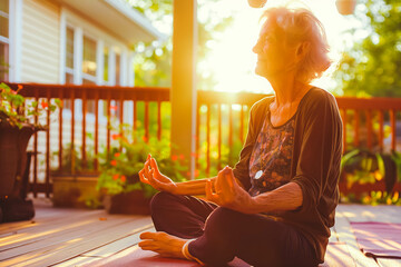 An older woman practicing yoga on a sunlit deck, finding strength and flexibility in her golden years. - Powered by Adobe