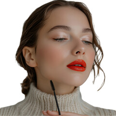 a woman with a red lipstick and mascara brush, transparent background png