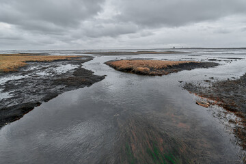 Affluent river reaching the beach in iceland