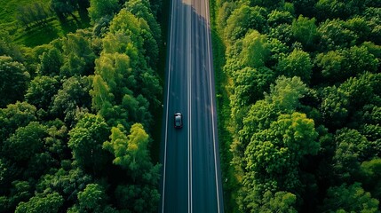 A single car drives on a long highway road through a lush green forest as seen from an aerial perspective. Generative AI