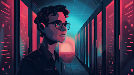 portrait of a male IT worker standing in a data server