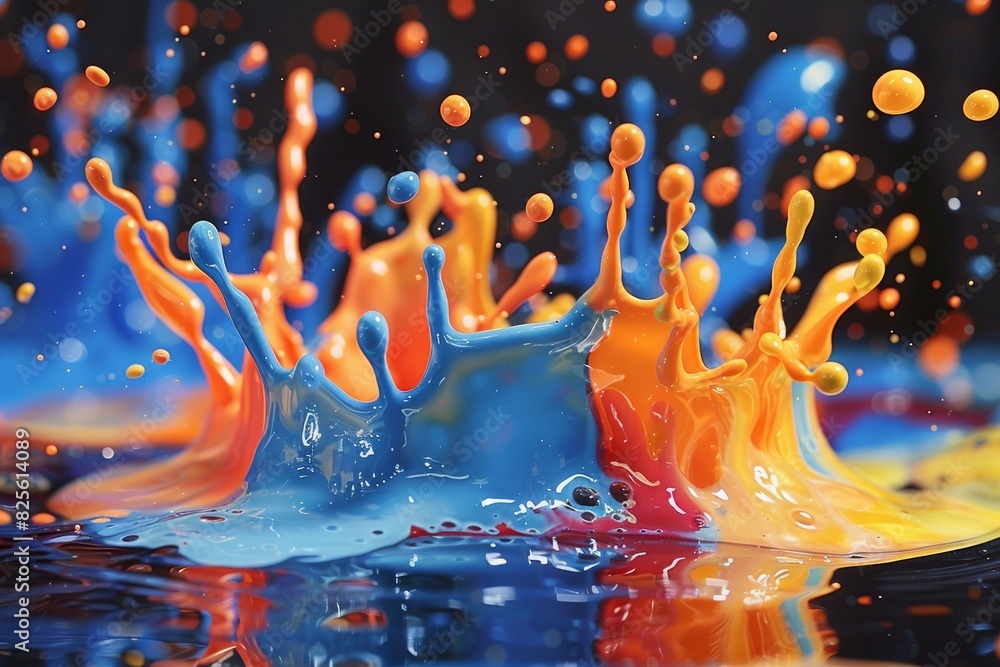 Poster highspeed photograph captures a dynamic multicolored paint splash, creating an abstract liquid art