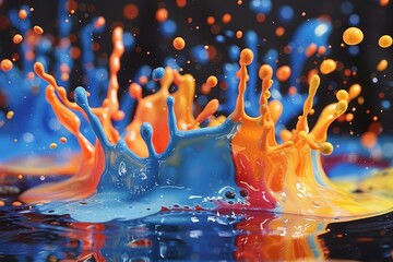 Highspeed photograph captures a dynamic multicolored paint splash, creating an abstract liquid art