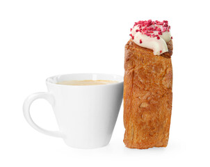 Round croissant with cream and cup of coffee isolated on white. Tasty puff pastry