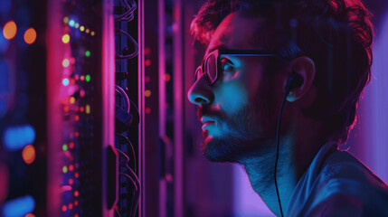 portrait of a male IT worker standing in a data server