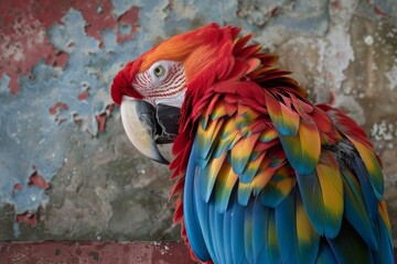 Obraz premium Colorful scarlet macaw with vibrant feathers posed against a weathered backdrop