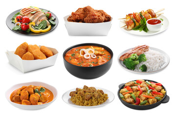 Different delicious dishes of chicken isolated on white, set