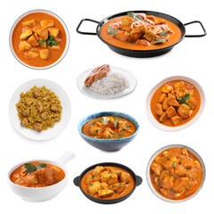 Different delicious dishes of chicken isolated on white, set