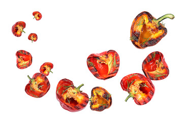 Slices of grilled bell peppers in air on white background