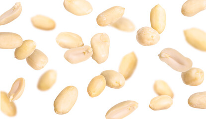 Many peanuts in air on white background