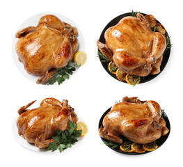 Delicious roasted chickens isolated on white, top and side views. Set
