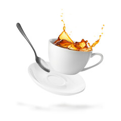 Cup of coffee, saucer and spoon in air on white background