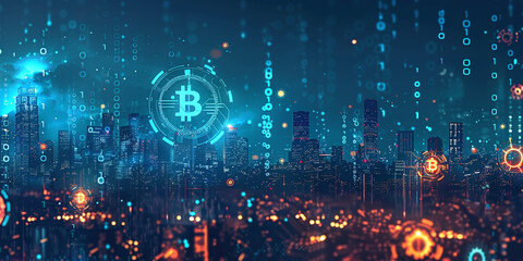 Obraz premium banner of modern cityscape background, cryptocurrencies and digital space, code snippets