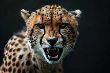 Fototapeta premium Mystic portrait of African Cheetah in studio, copy space on right side, Anger, Menacing, Headshot, Close-up View Isolated on black background