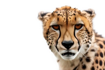 Obraz premium Mystic portrait of African Cheetah in studio, copy space on right side, Anger, Menacing, Headshot, Close-up View Isolated on white background