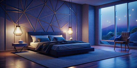 Minimalistic, tidy bedroom with simple, elegant furniture and geometric patterns