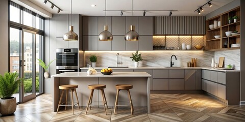 Elegant, geometric kitchen with minimalist design and tidy countertops