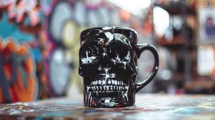 Spray painted black cocktail skull mug decorated with graffiti