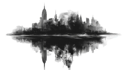 Fototapeta premium a black and white photo of a city skyline with smoke coming out of it, transparent background png