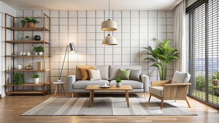 Minimalist living room with simple furniture and grid-based decor