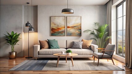 A minimalist living room with a cozy sofa, rug, and abstract artwork