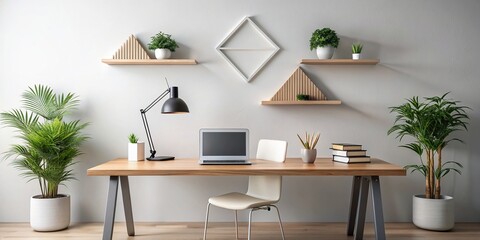 Minimalistic office desk with geometric shapes and tidy arrangement