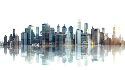 a city skyline with a reflection in the water, transparent background png