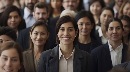 a crowd of business people smiling and looking at the camera in a front view, a group of many diverse businesspeople, a business woman standing out from the rest wearing a suit jacket. generative AI - Powered by Adobe