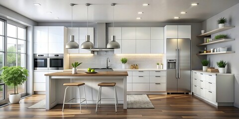 A minimalist kitchen with white cabinets and stainless steel appliances